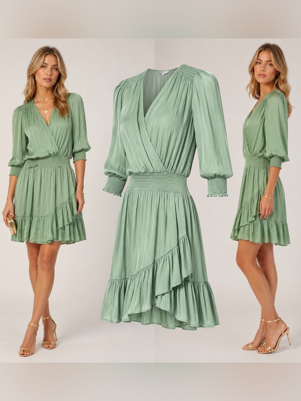 Gerard Darel Sage Green Ruffle Mini Dress Pastel Smocked Silky Garden Wedding 8